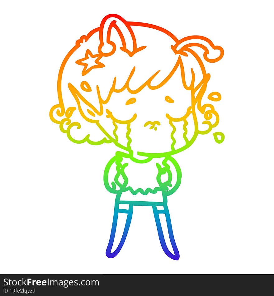 rainbow gradient line drawing cartoon crying alien girl