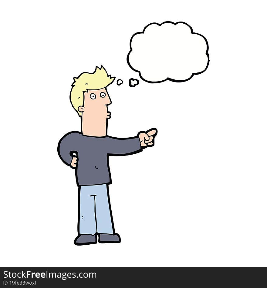 cartoon curious man pointing with thought bubble