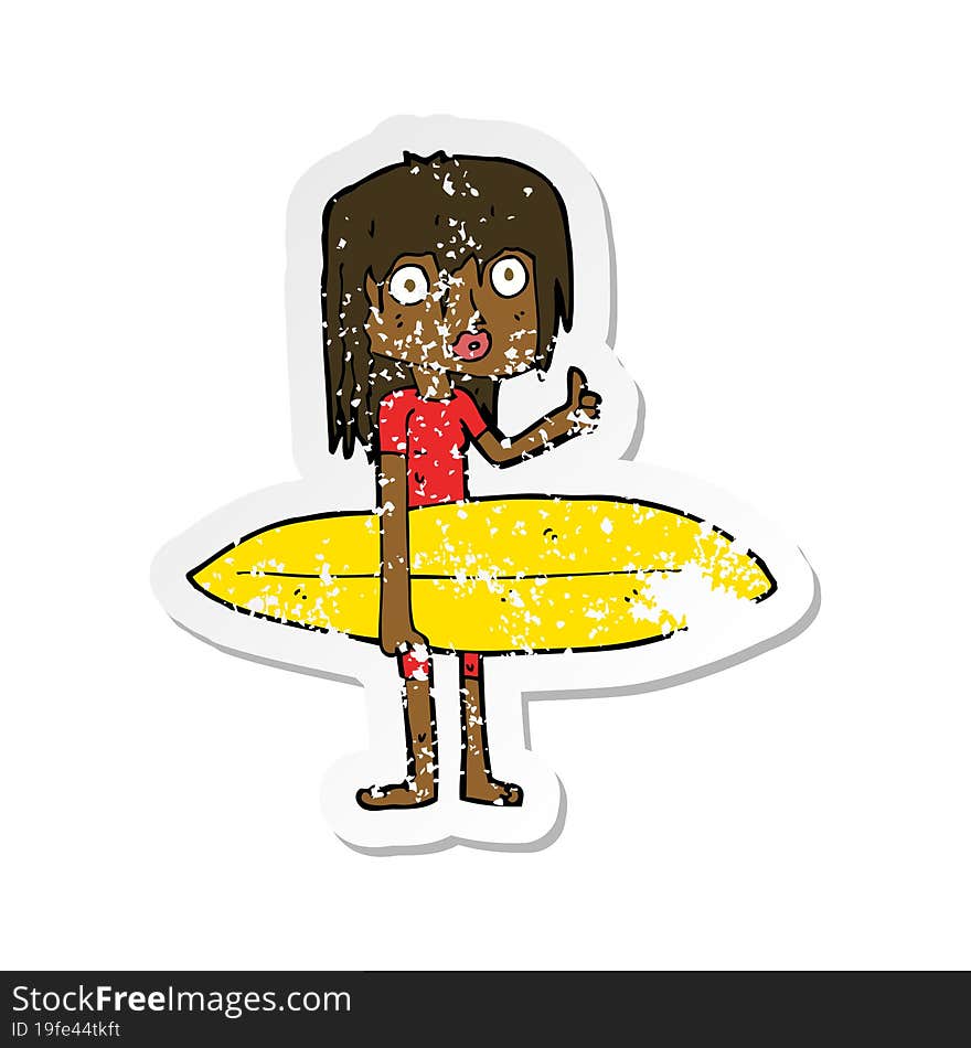 retro distressed sticker of a cartoon surfer girl