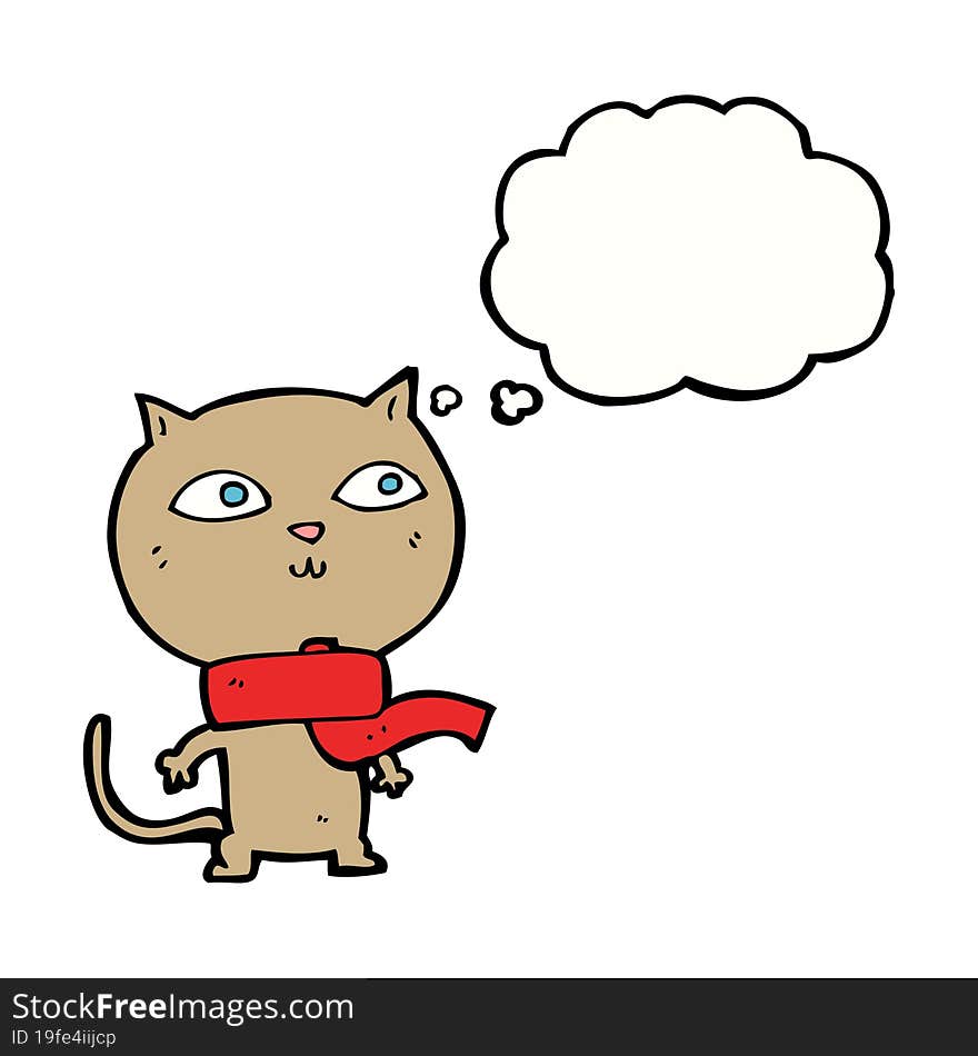 cartoon funny cat wearing scarf with thought bubble