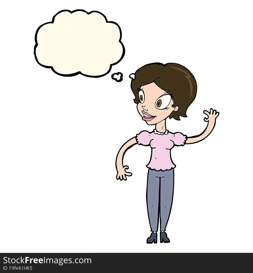 cartoon woman waving with thought bubble