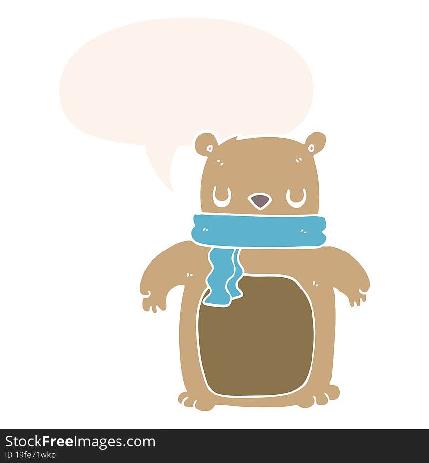 Cartoon Bear And Scarf And Speech Bubble In Retro Style