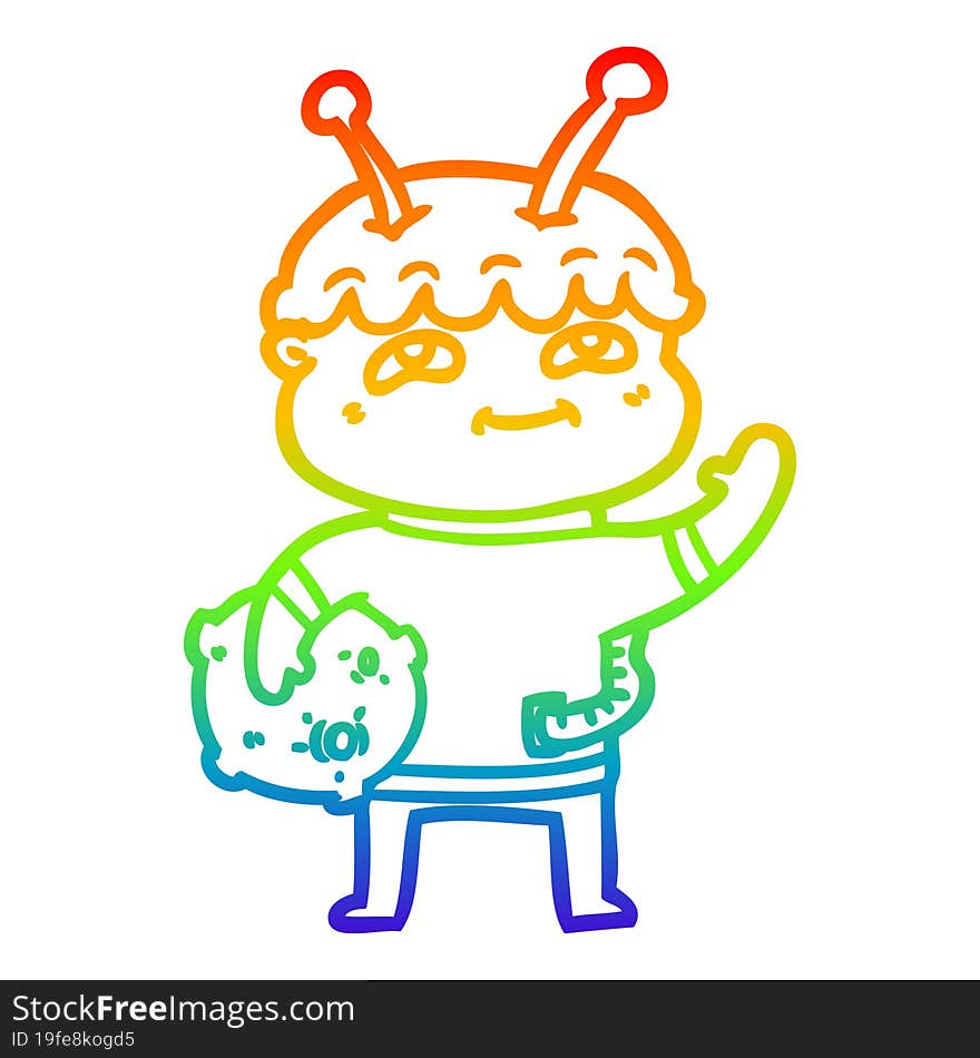 rainbow gradient line drawing friendly cartoon spaceman waving