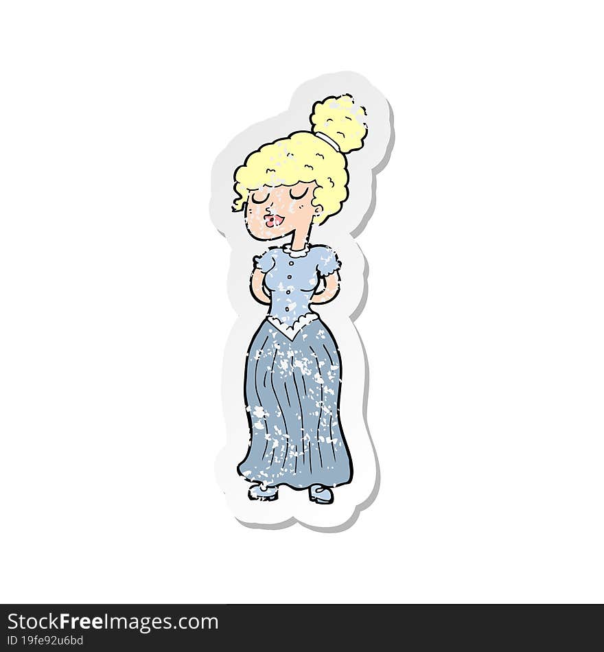 retro distressed sticker of a cartoon pretty victorian woman