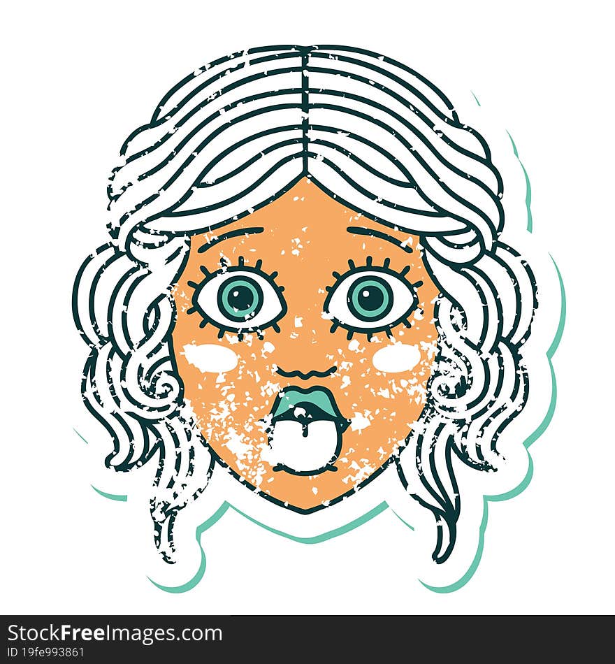 distressed sticker tattoo style icon of female face sticking out tongue