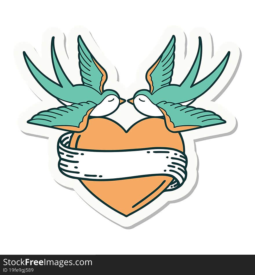 sticker of tattoo in traditional style of swallows and a heart with banner. sticker of tattoo in traditional style of swallows and a heart with banner