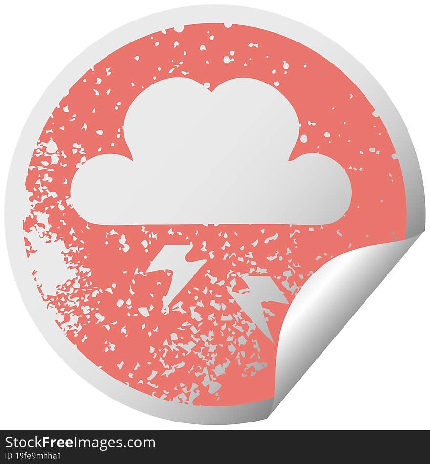 distressed circular peeling sticker symbol thunder cloud