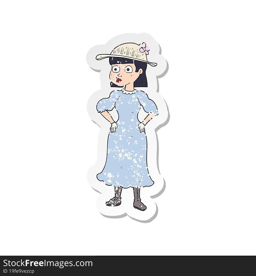 retro distressed sticker of a cartoon woman in sensible dress