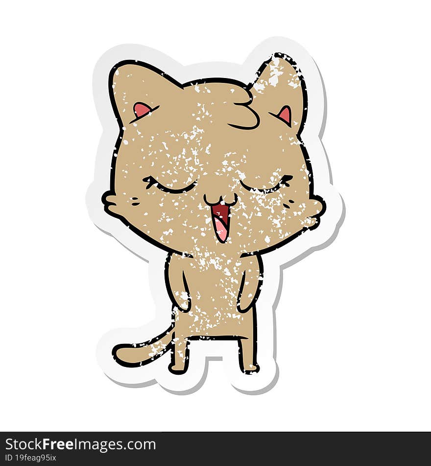 distressed sticker of a happy cartoon cat