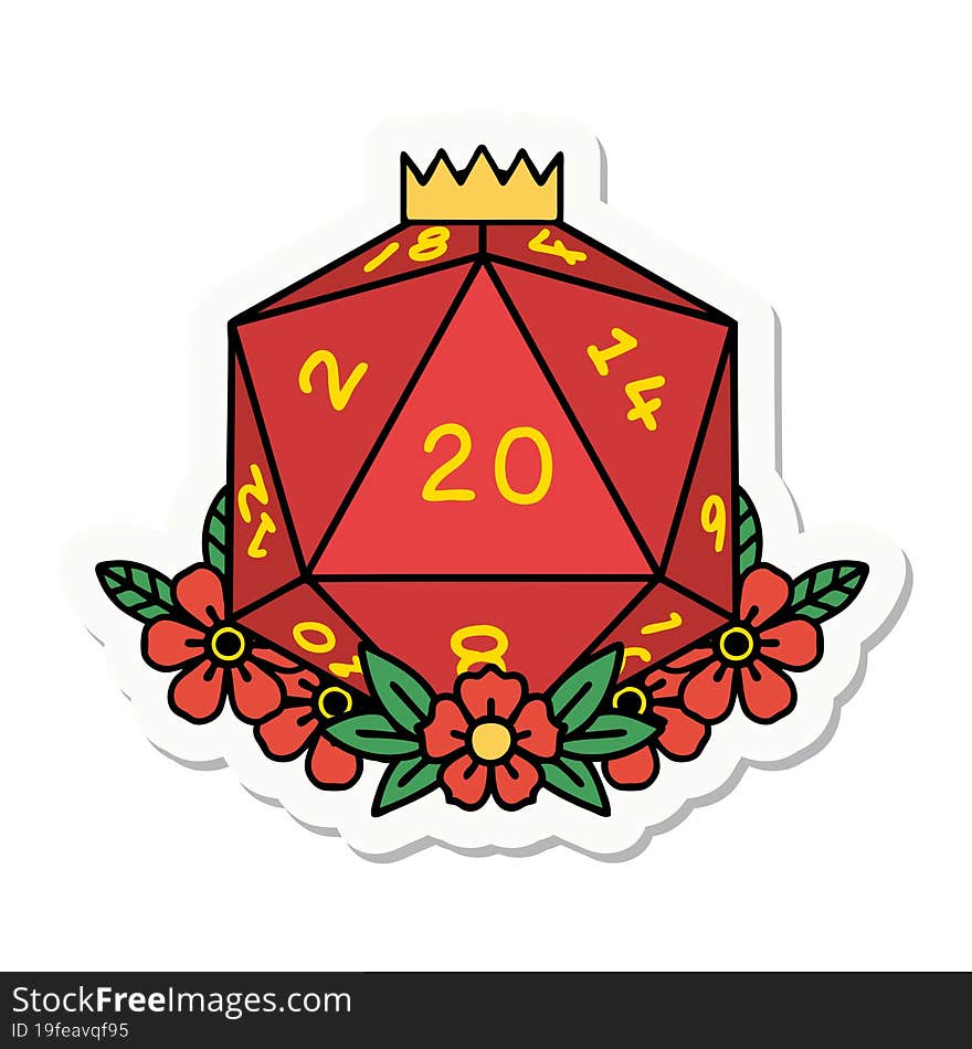 Natural 20 D20 Dice Roll With Floral Elements Sticker