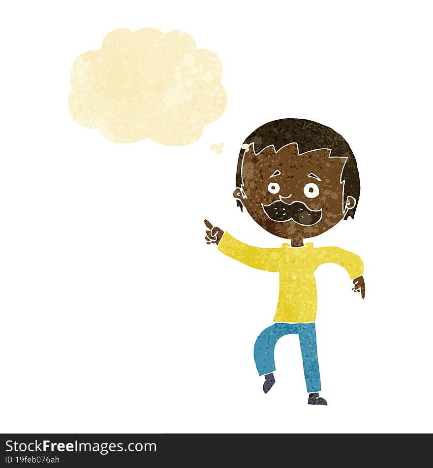 cartoon man with mustache pointing with thought bubble