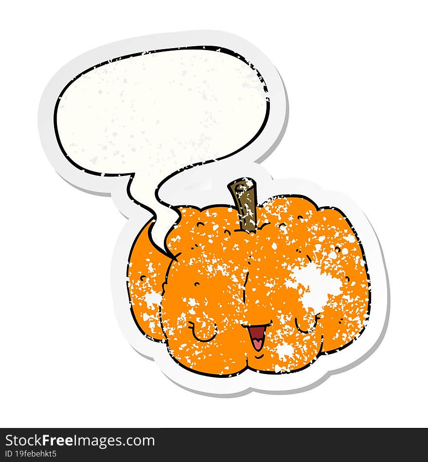 cartoon pumpkin and speech bubble distressed sticker