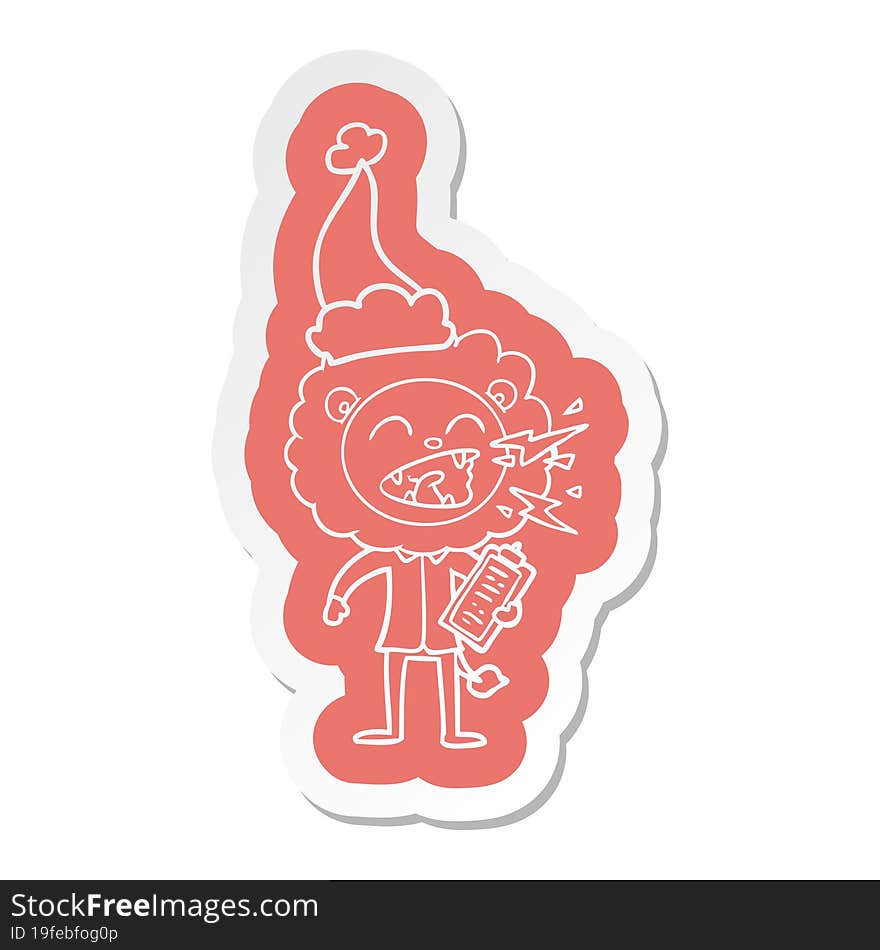 cartoon  sticker of a roaring lion doctor wearing santa hat