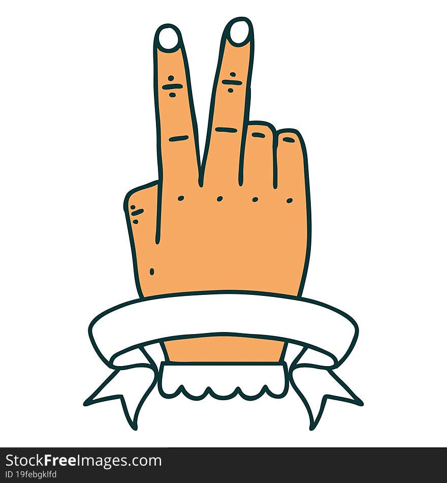 Retro Tattoo Style victory v hand gesture with banner. Retro Tattoo Style victory v hand gesture with banner