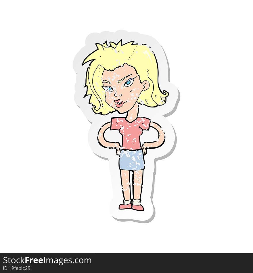 retro distressed sticker of a cartoon woman with hands on hips