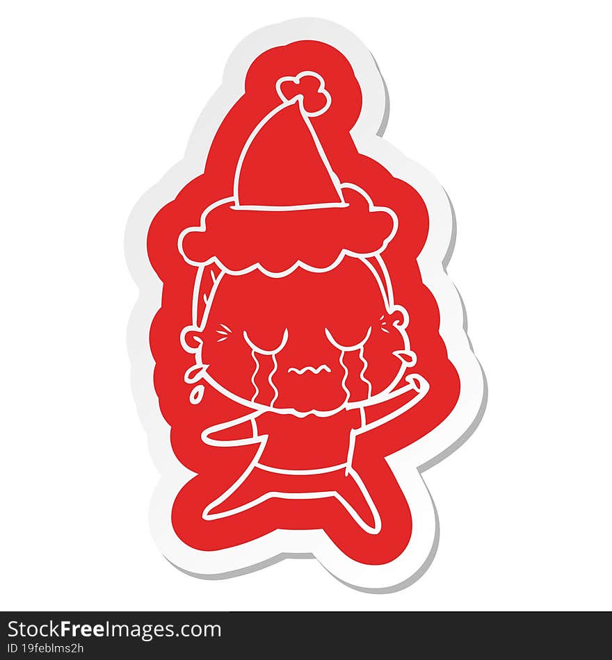 cartoon  sticker of a crying old lady wearing santa hat