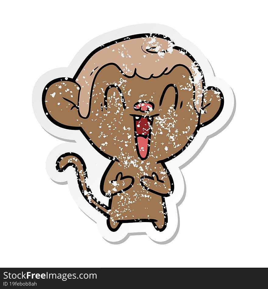 distressed sticker of a cartoon laughing monkey