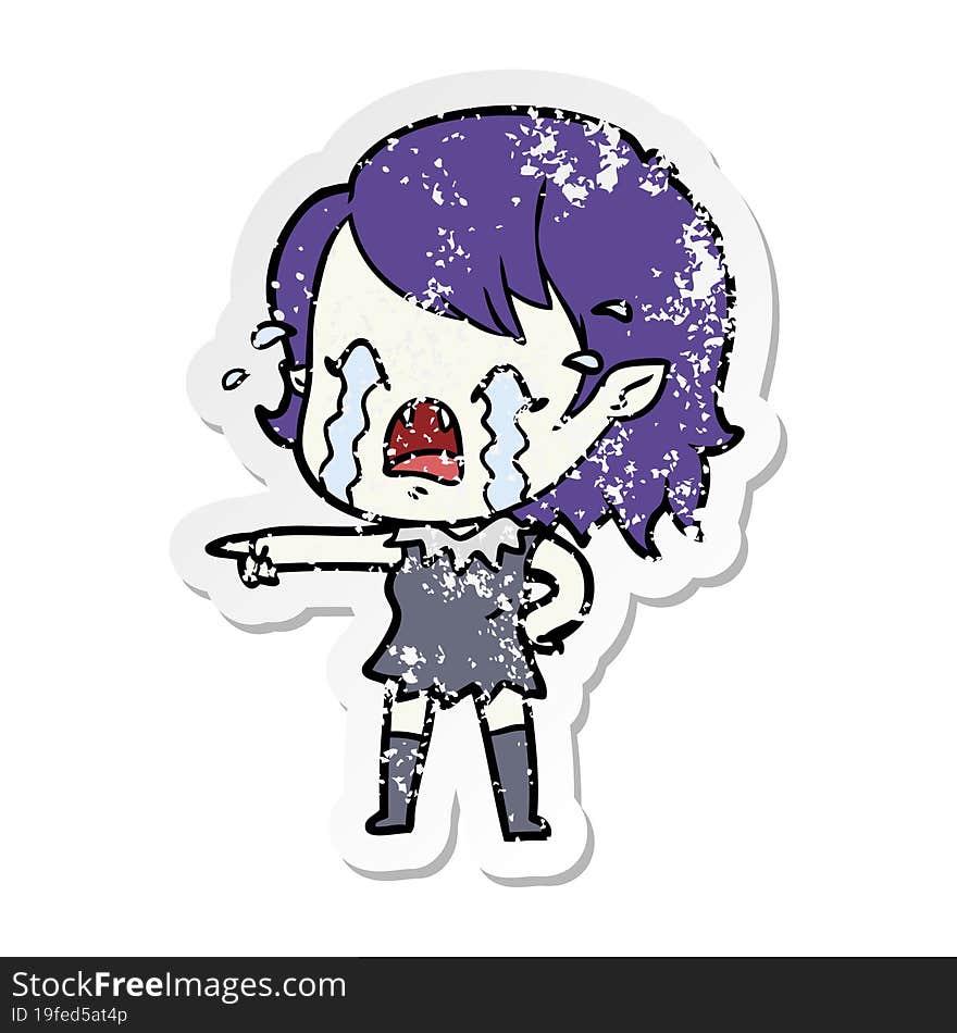 distressed sticker of a cartoon crying vampire girl