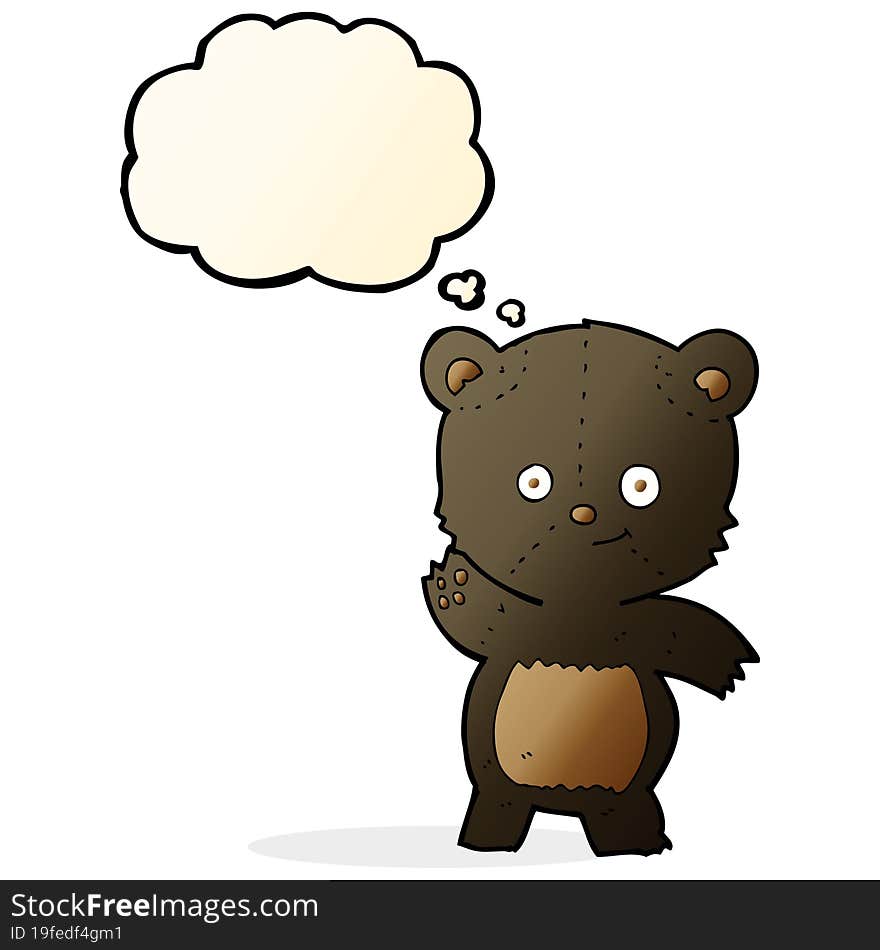 cartoon waving black bear with thought bubble