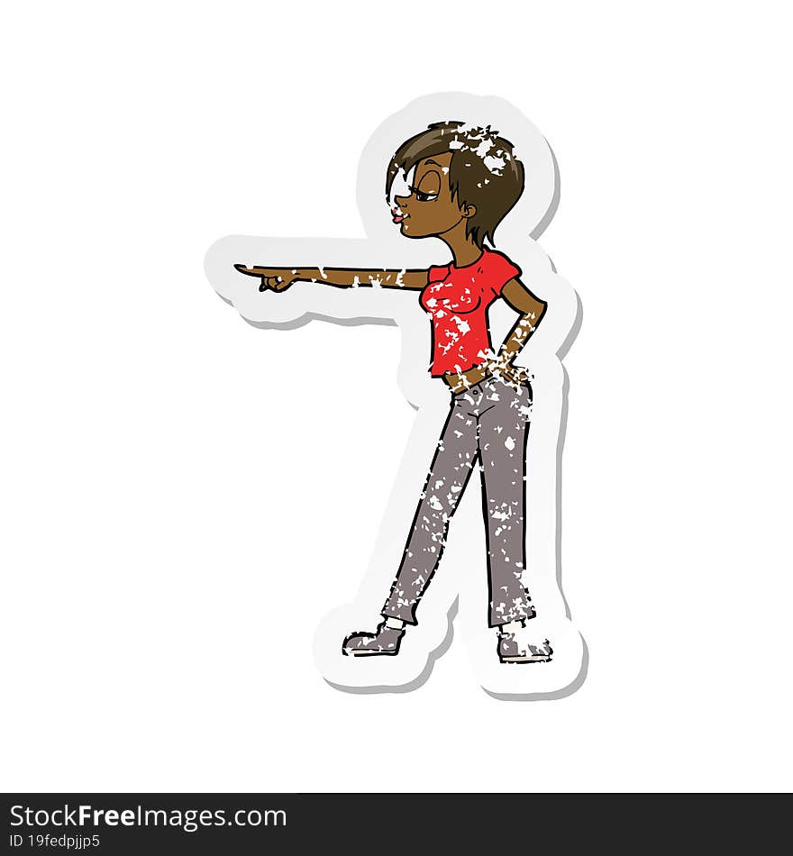 retro distressed sticker of a cartoon hip woman pointing