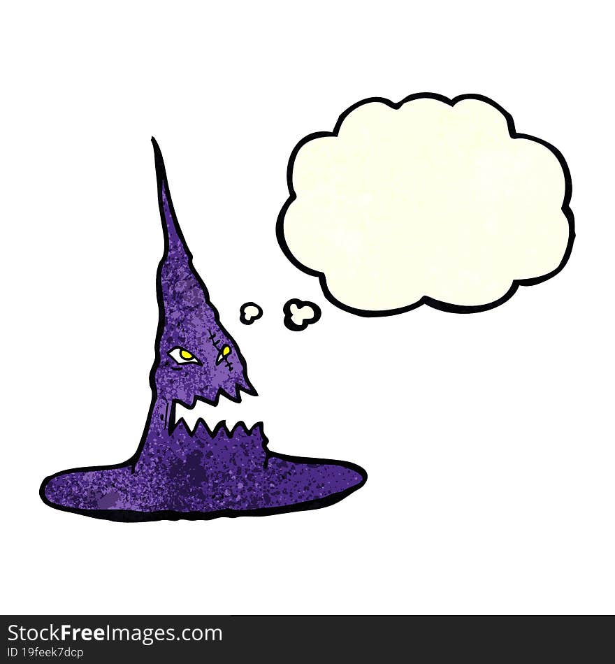 cartoon spooky witches hat with thought bubble