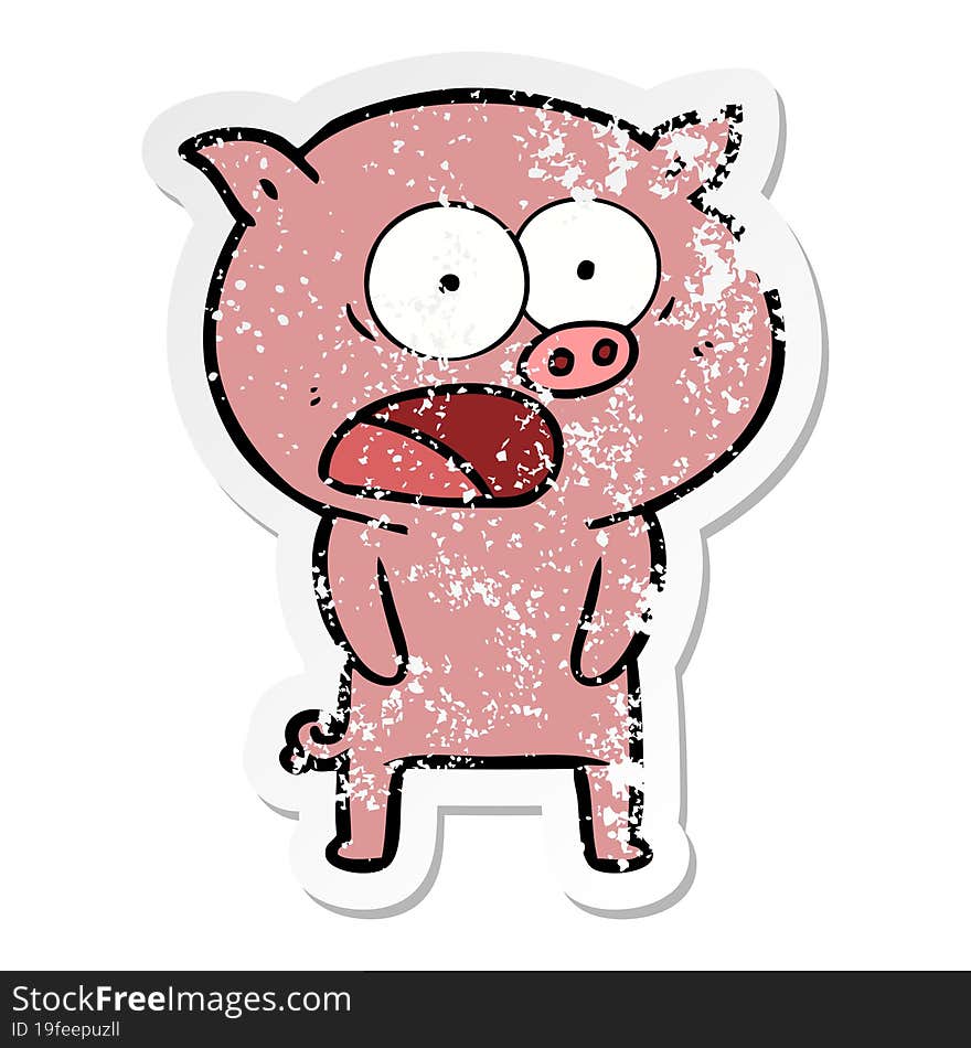 distressed sticker of a cartoon pig shouting