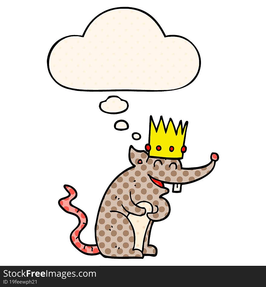 cartoon rat king laughing and thought bubble in comic book style