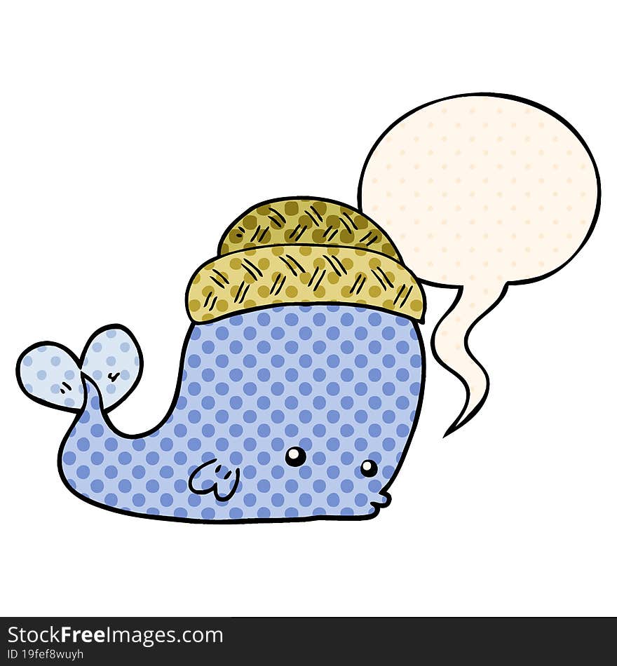 cartoon whale wearing hat and speech bubble in comic book style