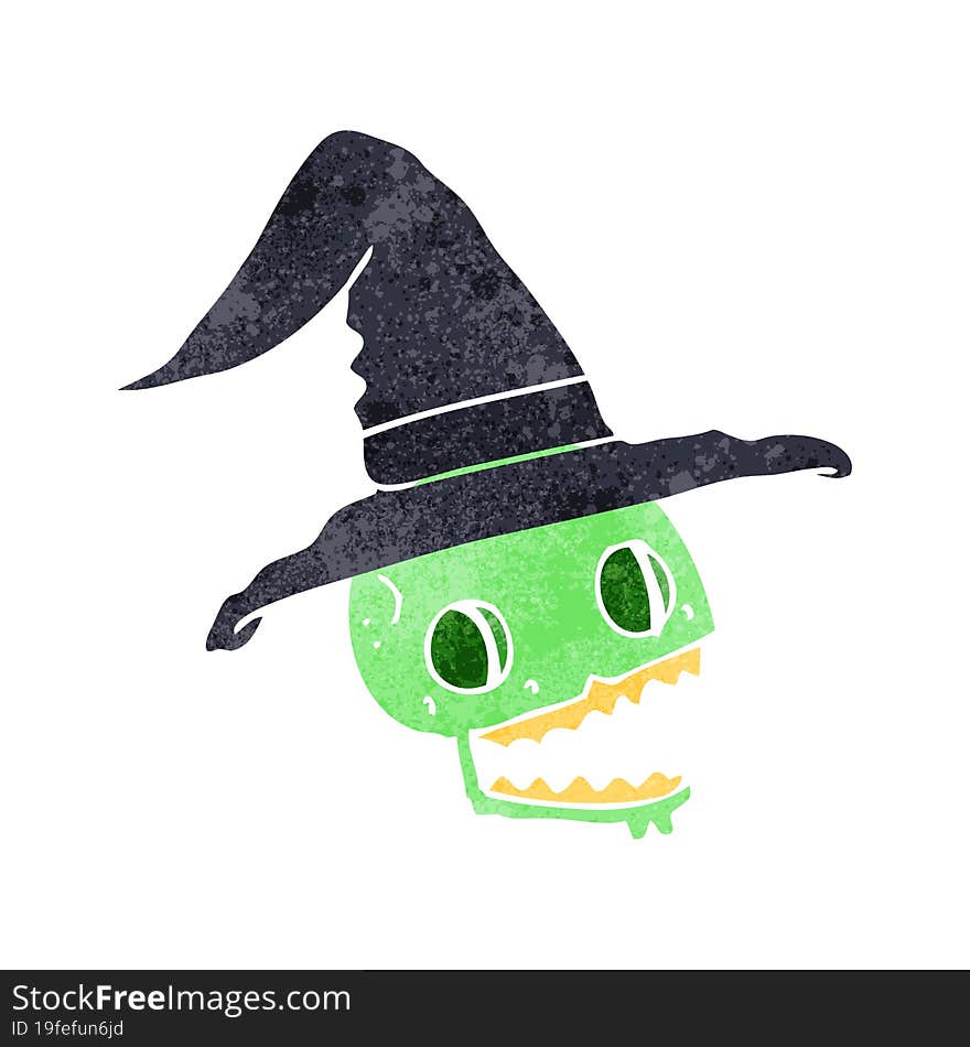 retro cartoon skull wearing witch hat