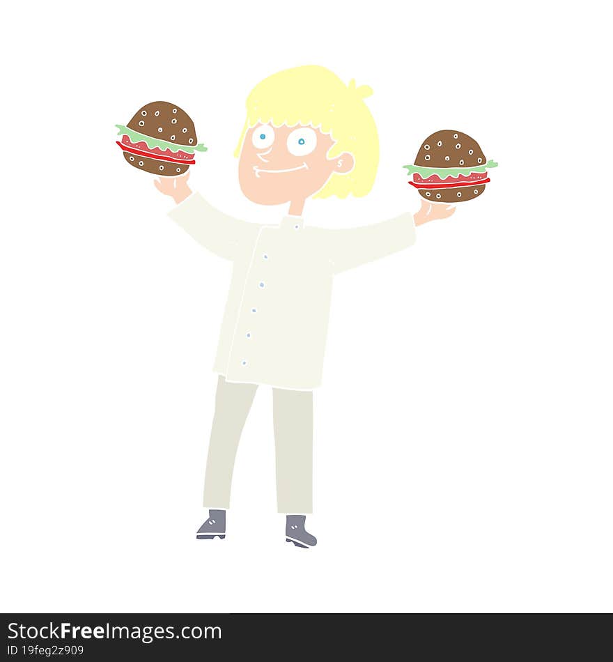 flat color illustration of a cartoon chef with burgers