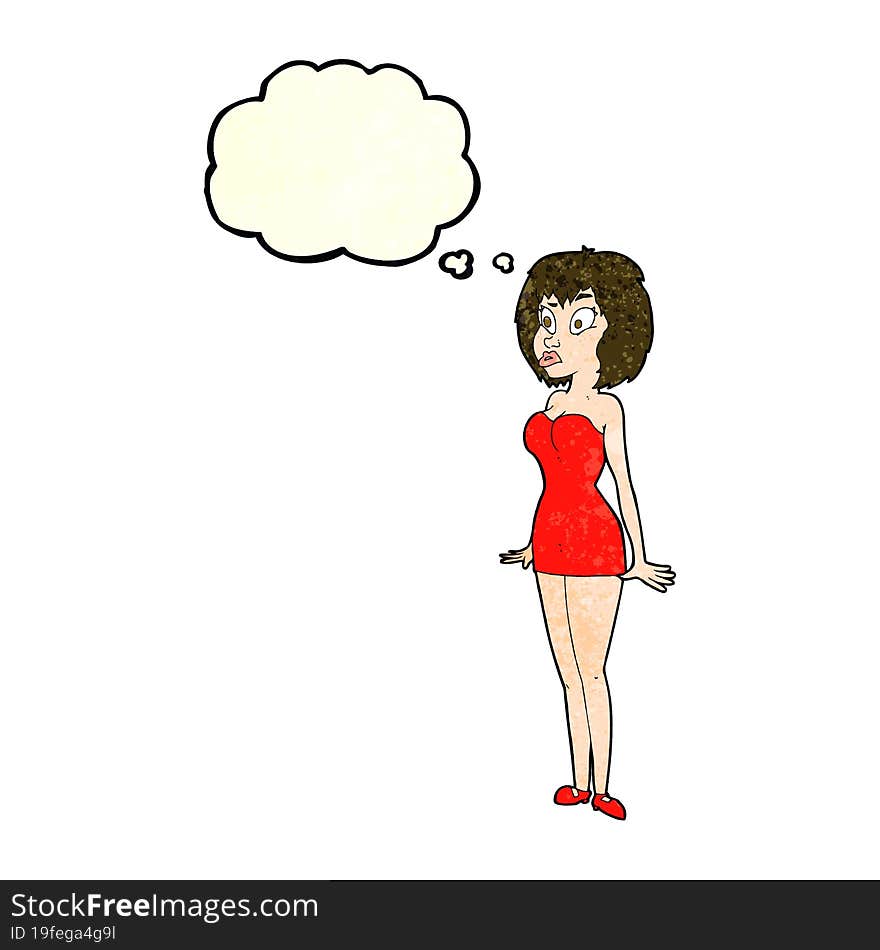 cartoon surprised woman in short dress with thought bubble