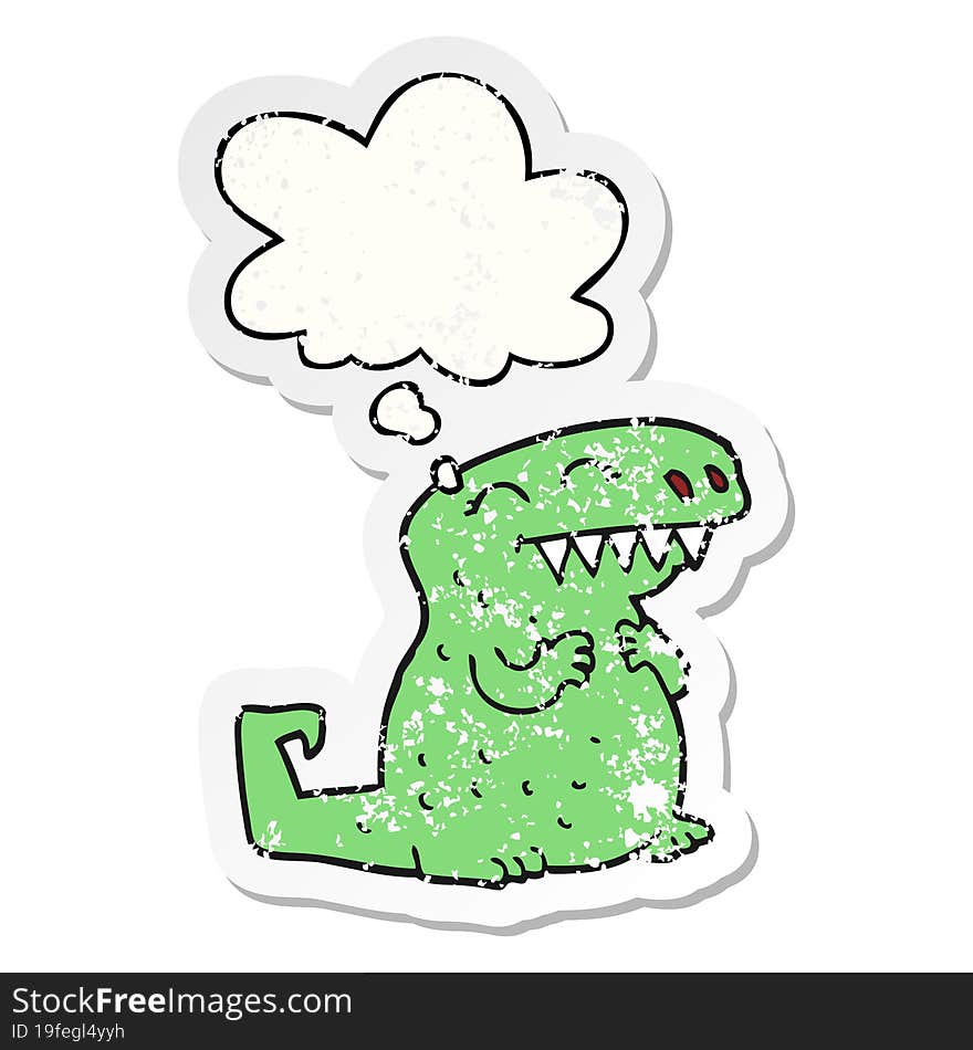 cartoon dinosaur and thought bubble as a distressed worn sticker