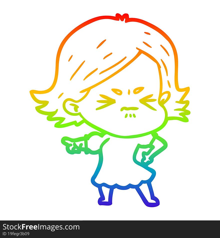 rainbow gradient line drawing of a cartoon angry woman