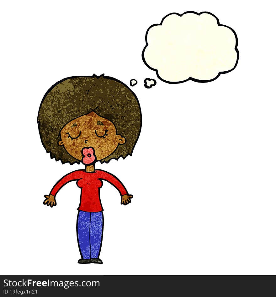 cartoon woman with closed eyes with thought bubble