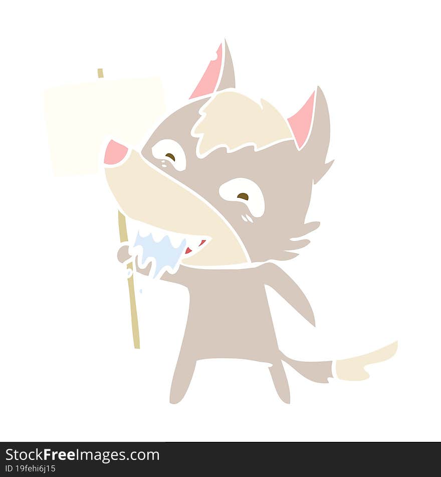 flat color style cartoon hungry wolf with sign post