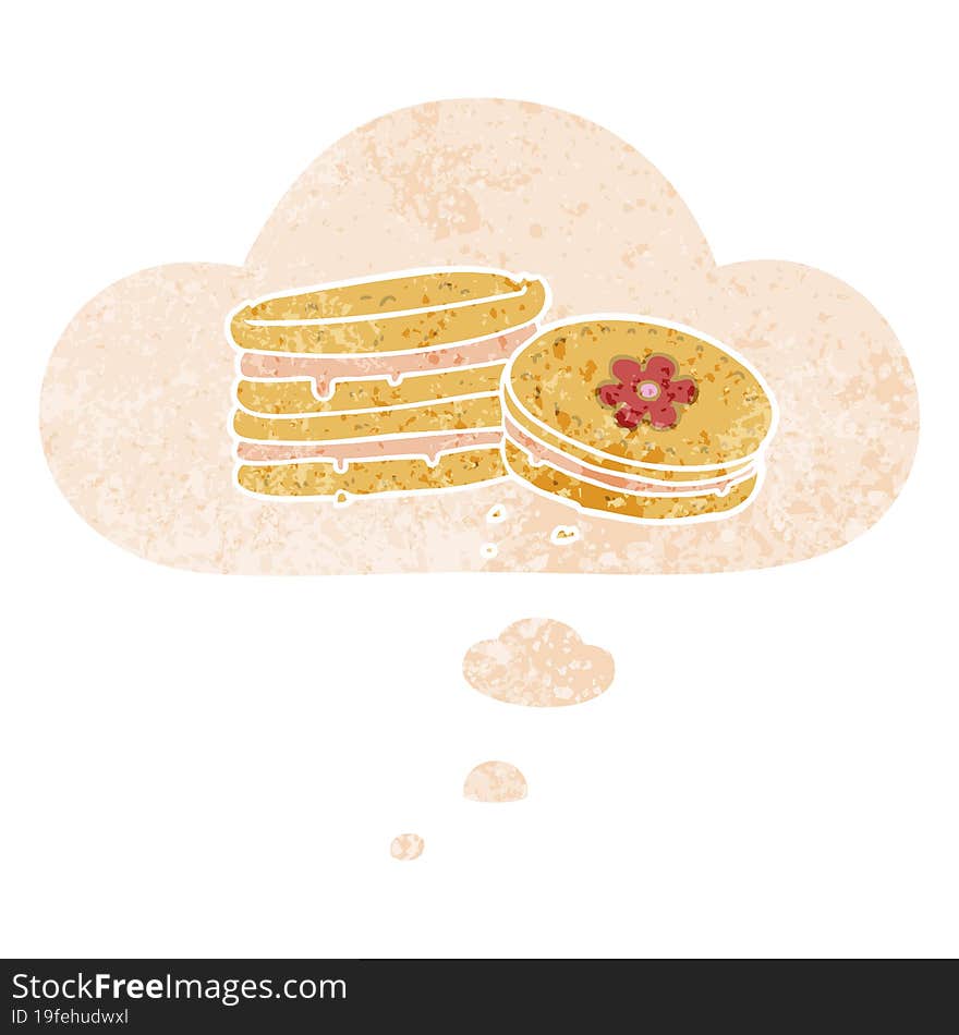 cartoon biscuit and thought bubble in retro textured style