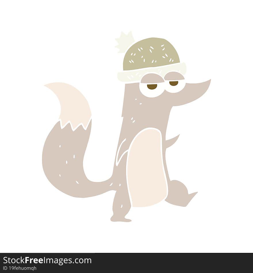 flat color illustration of a cartoon little wolf wearing hat