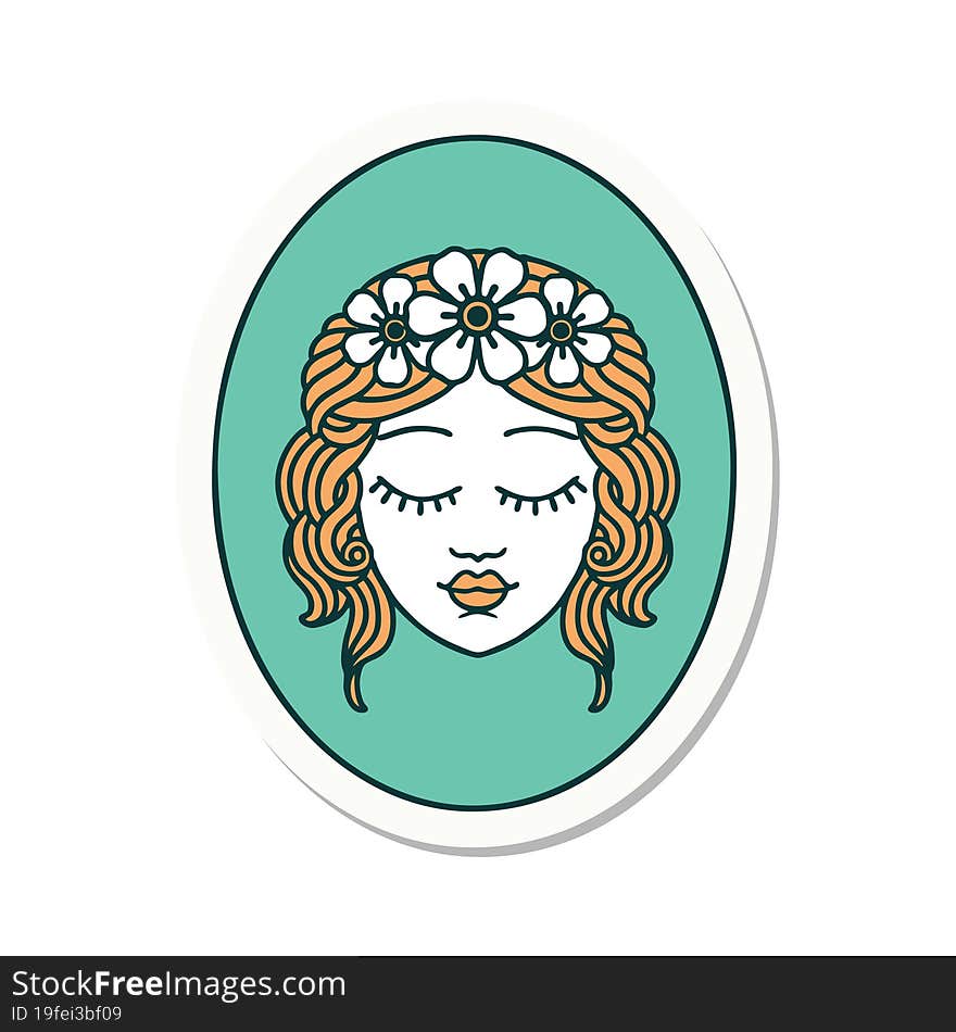 tattoo style sticker of a maiden with eyes closed