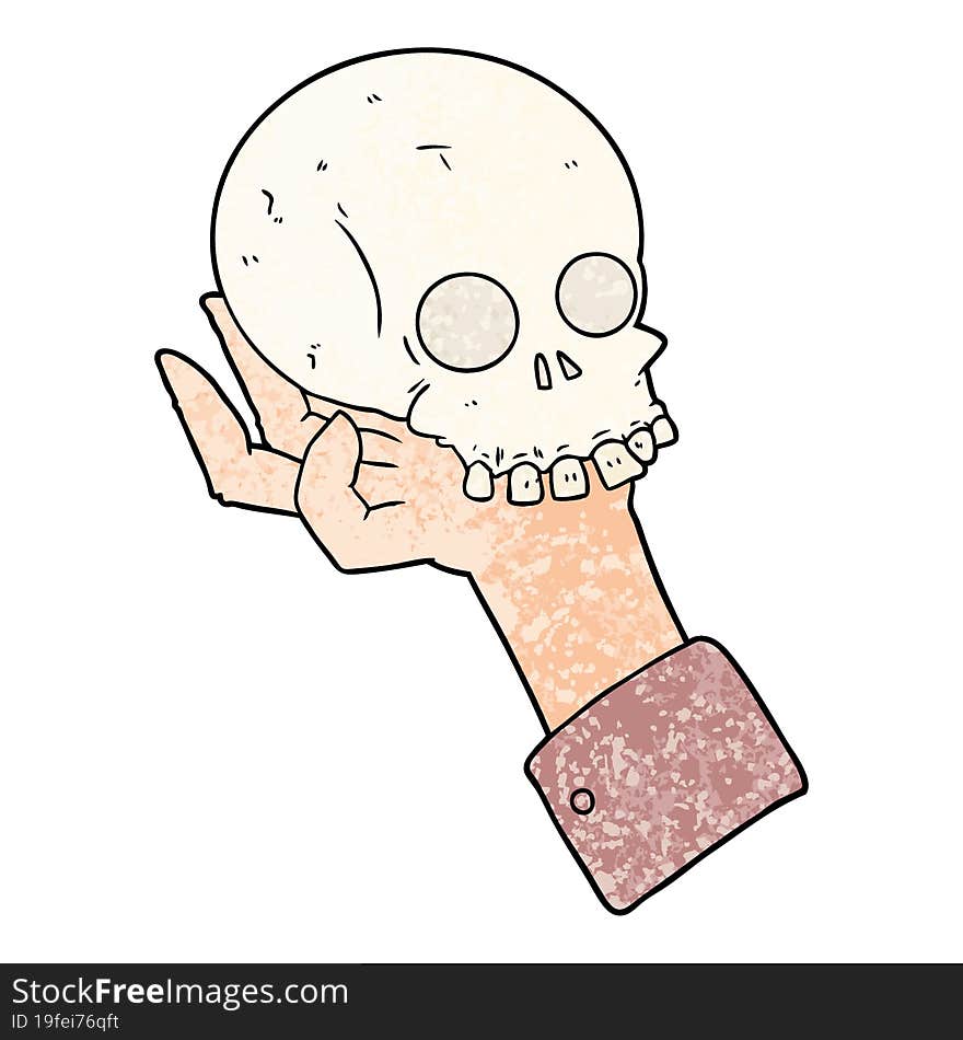 cartoon hand holding skull. cartoon hand holding skull