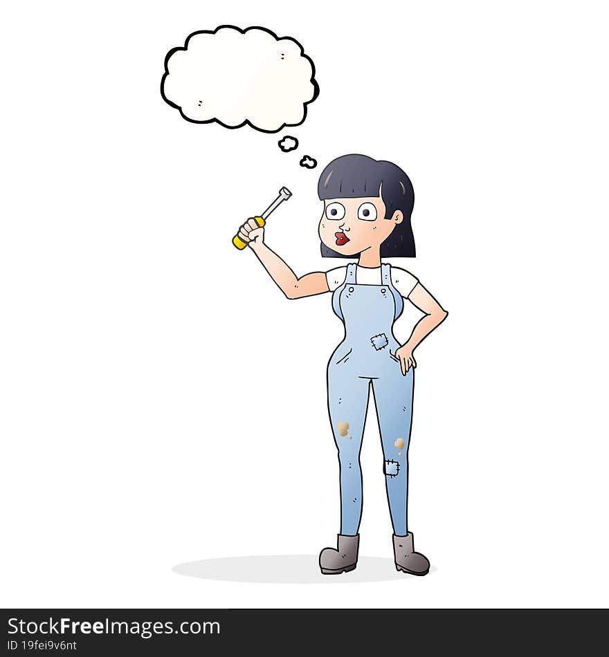 freehand drawn thought bubble cartoon female mechanic