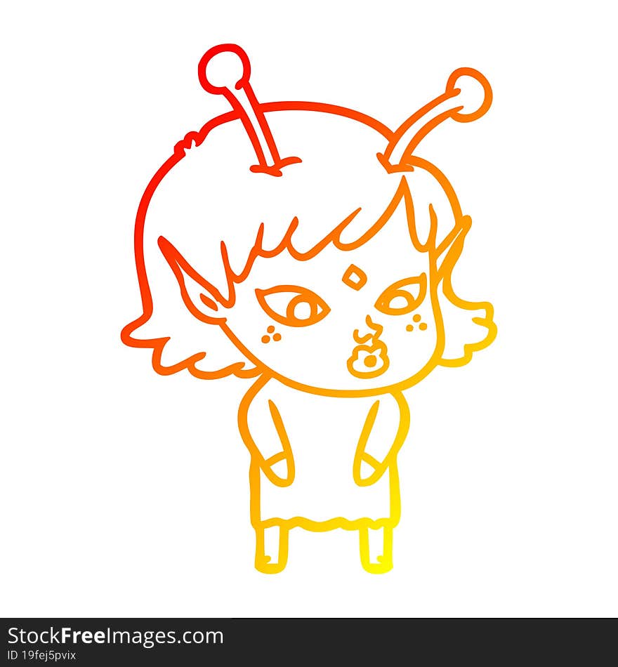 warm gradient line drawing pretty cartoon alien girl