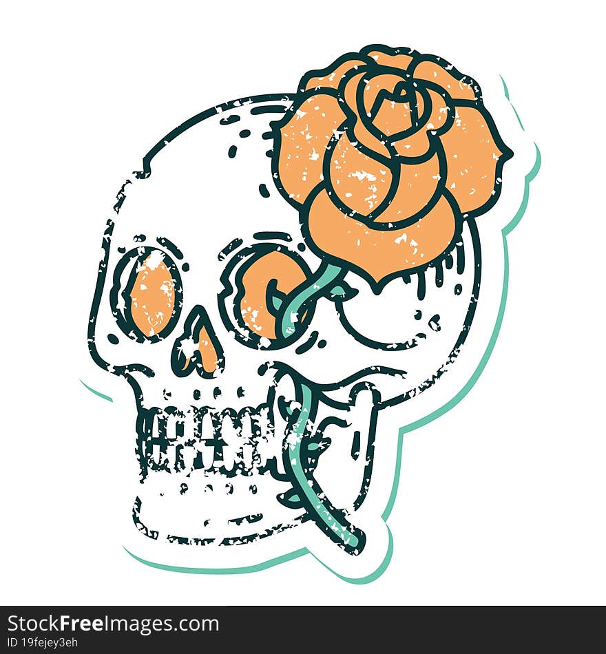 distressed sticker tattoo style icon of a skull and rose