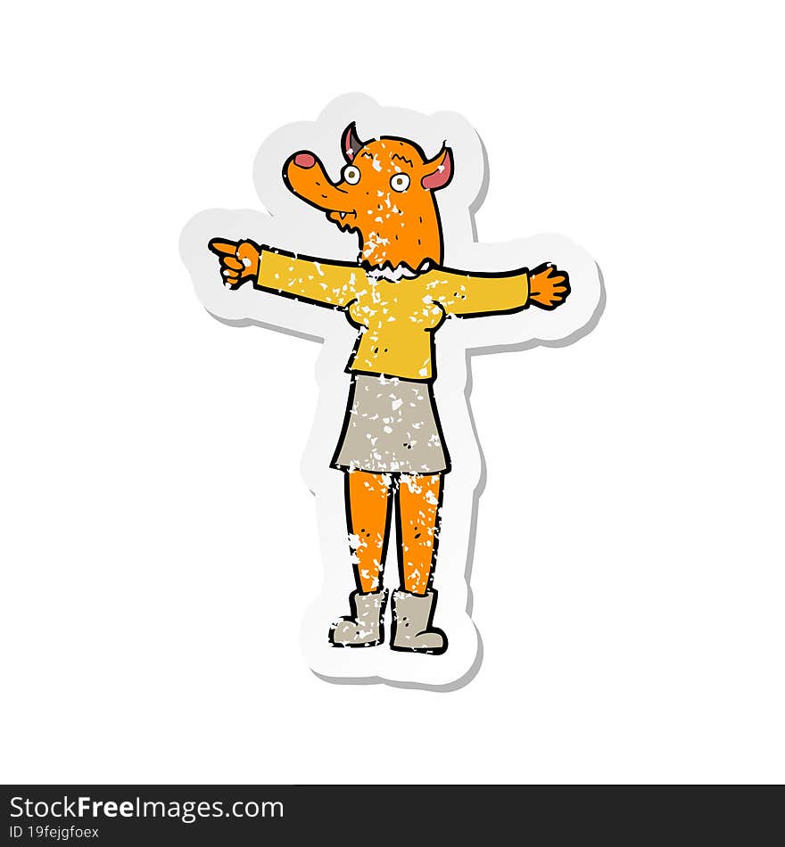 retro distressed sticker of a cartoon pointing fox woman