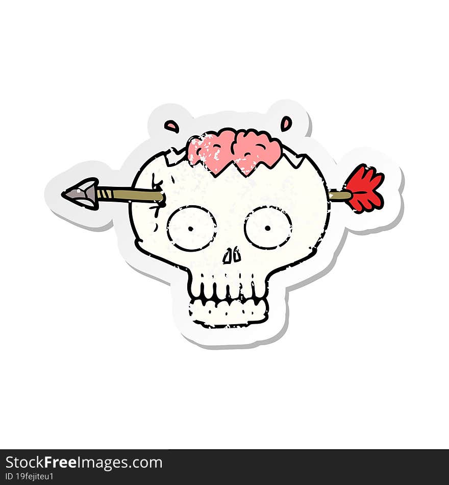 distressed sticker of a cartoon skull with arrow through brain