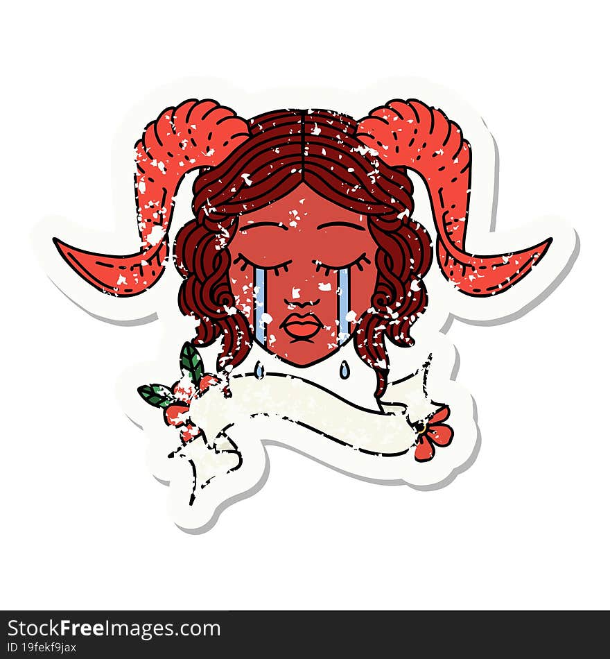 crying tiefling character face with scroll banner grunge sticker