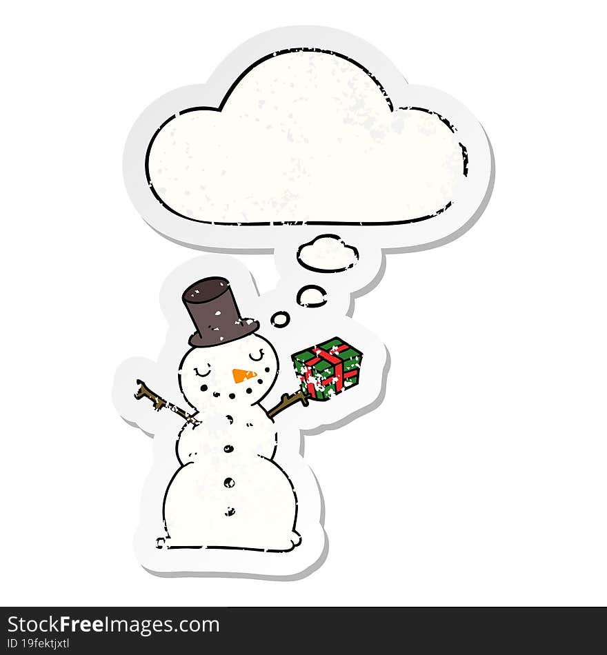 Cartoon Snowman And Thought Bubble As A Distressed Worn Sticker