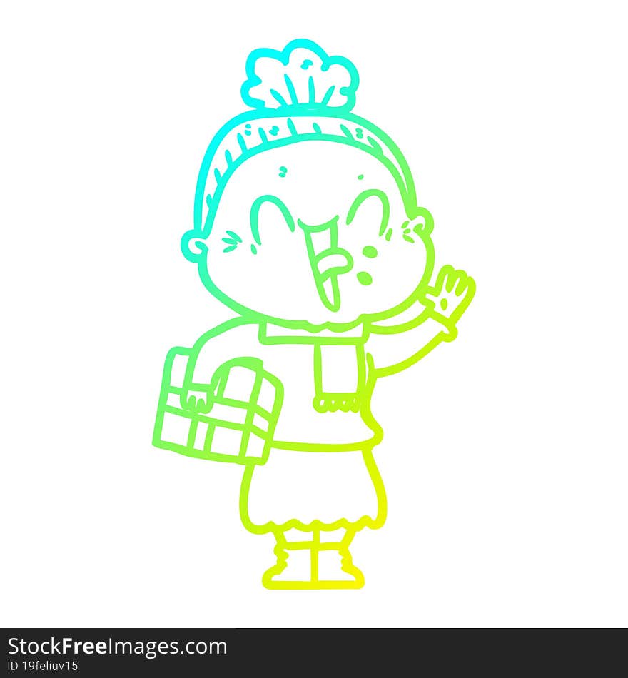 cold gradient line drawing of a cartoon happy old woman