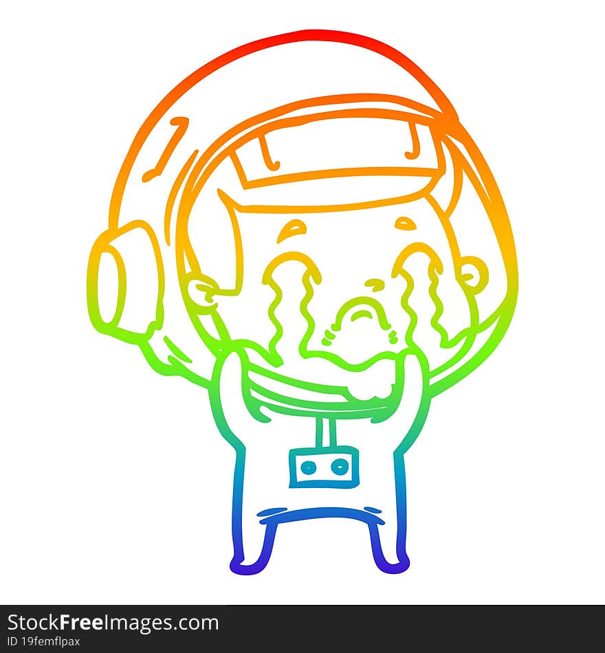 rainbow gradient line drawing of a cartoon crying astronaut