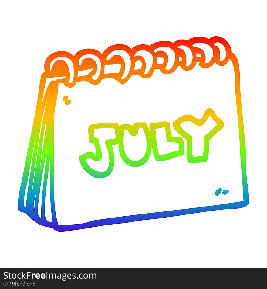 rainbow gradient line drawing cartoon calendar showing month of july