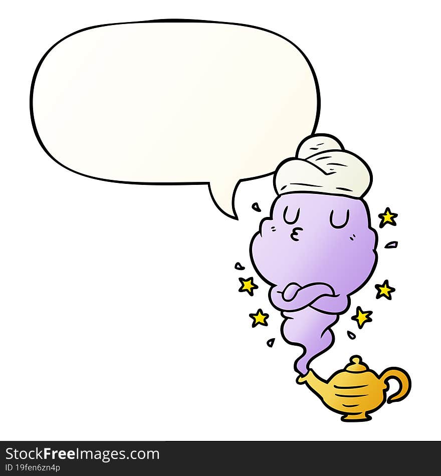 cute cartoon genie rising out of lamp with speech bubble in smooth gradient style